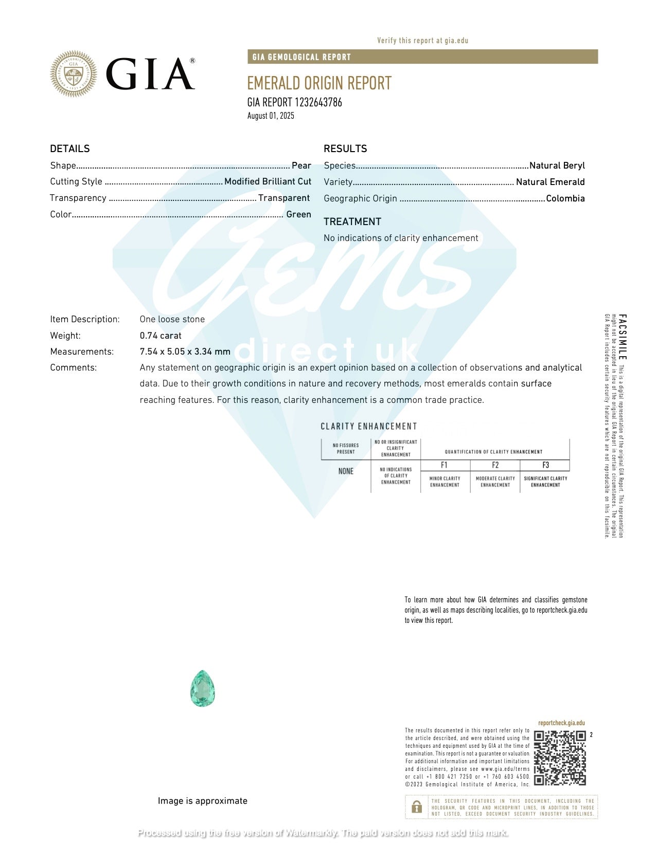 0.74ct Colombian Emerald - 7.54 x 5.05 x 3.34mm - GIA NO OIL