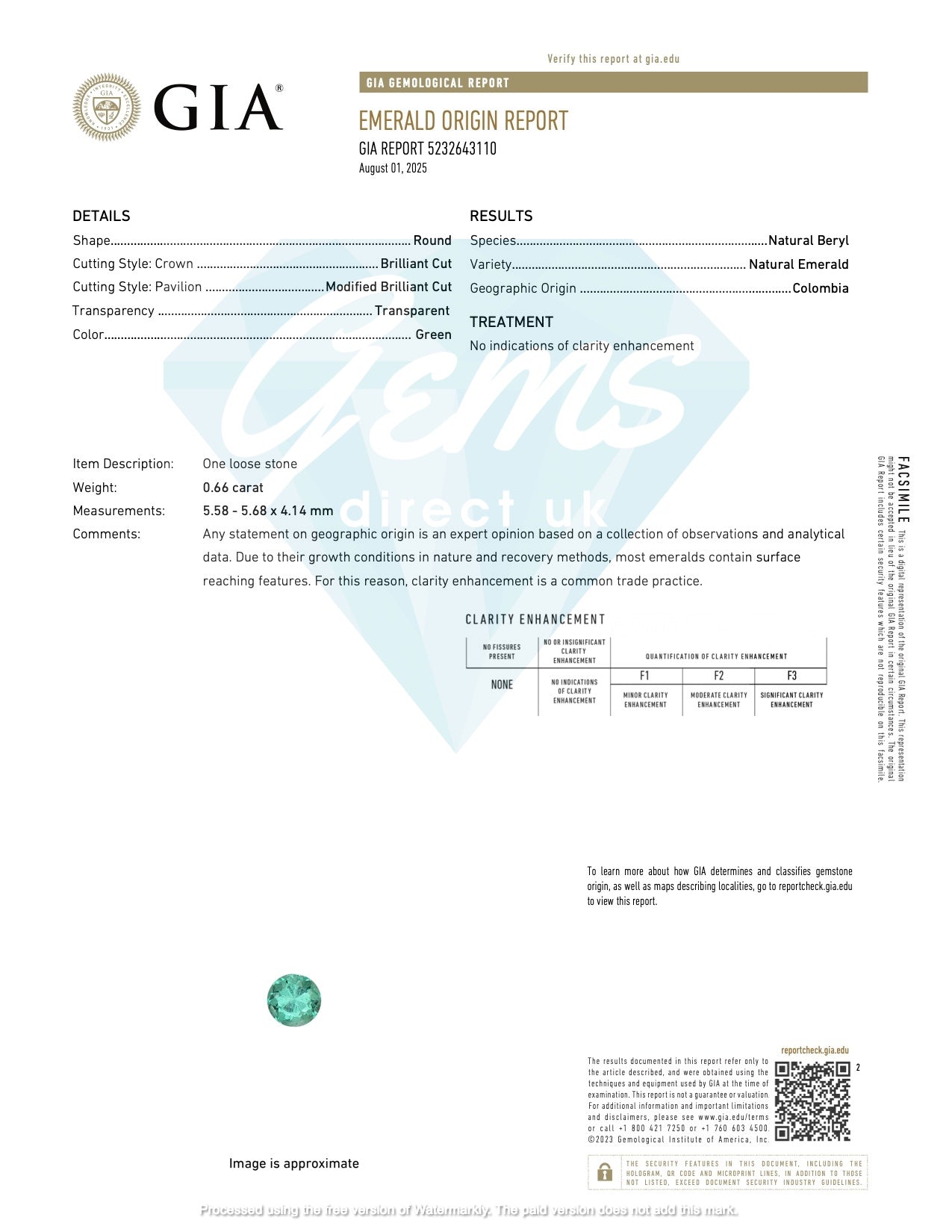0.66ct Colombian Emerald - 5.58 x 5.68 x 4.14mm - GIA NO OIL
