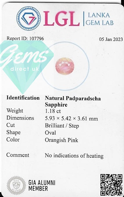 1.18ct Unheated Padparadscha Sapphire