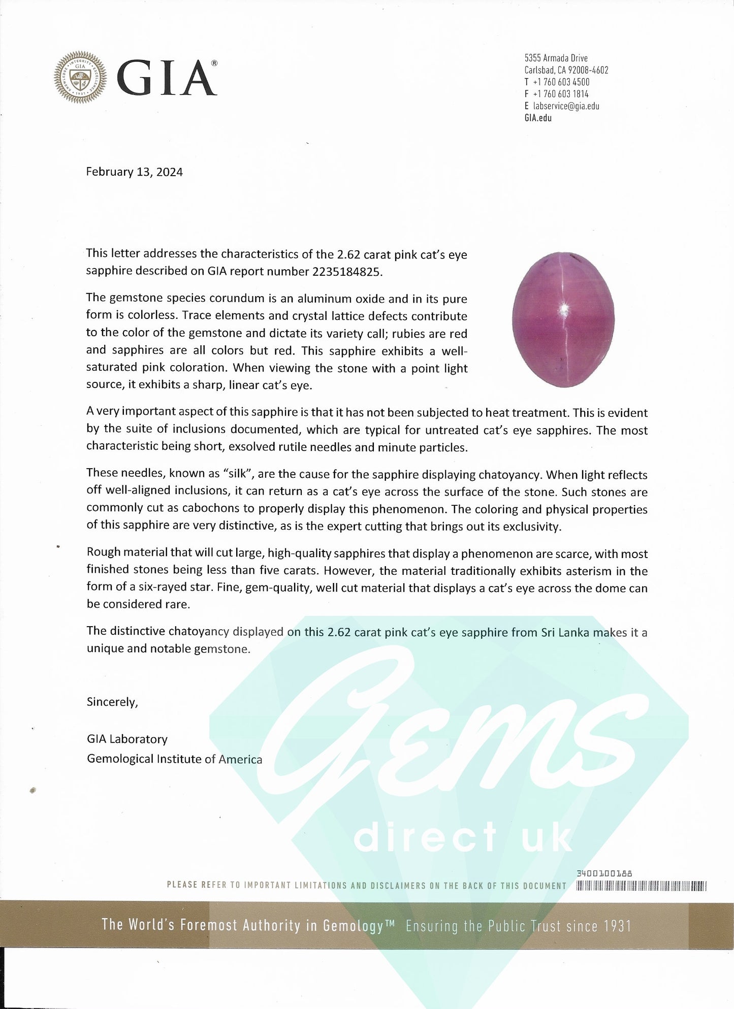 2.62ct Unheated Pink Cats Eye Sapphire - with GIA Notable rare gemstone Letter