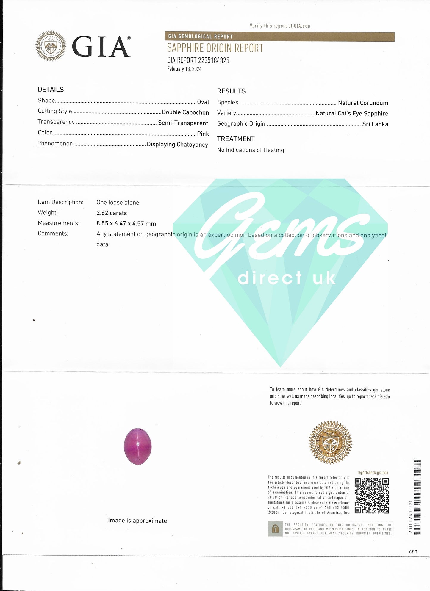 2.62ct Unheated Pink Cats Eye Sapphire - with GIA Notable rare gemstone Letter