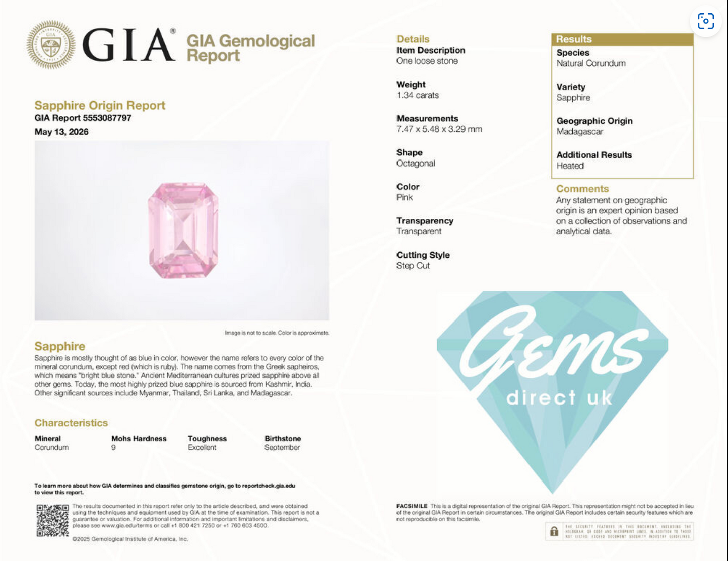 1.34ct Pink Sapphire - 7.47 x 5.48 x 3.29mm - with GIA Report