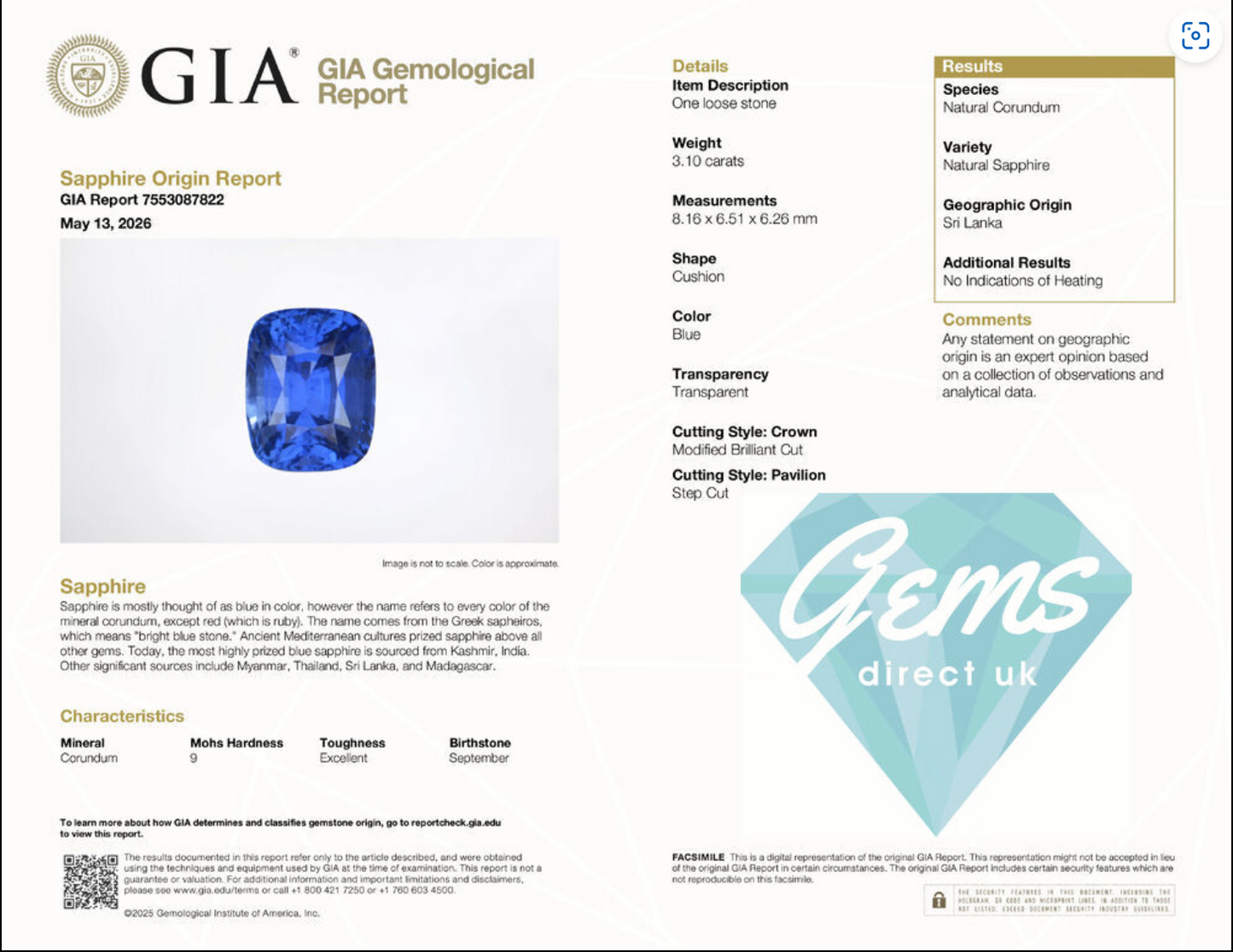 3.10ct Unheated Vivid Blue Sapphire - 8.16 x 6.51 x 6.26mm - GIA