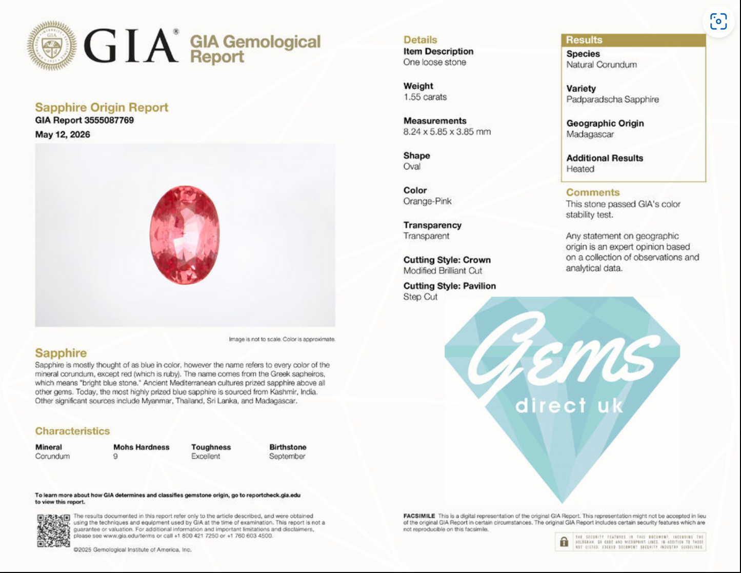 1.55ct Padparadscha Sapphire - 8.24 x 5.85 x 3.85mm - GIA Padparadscha