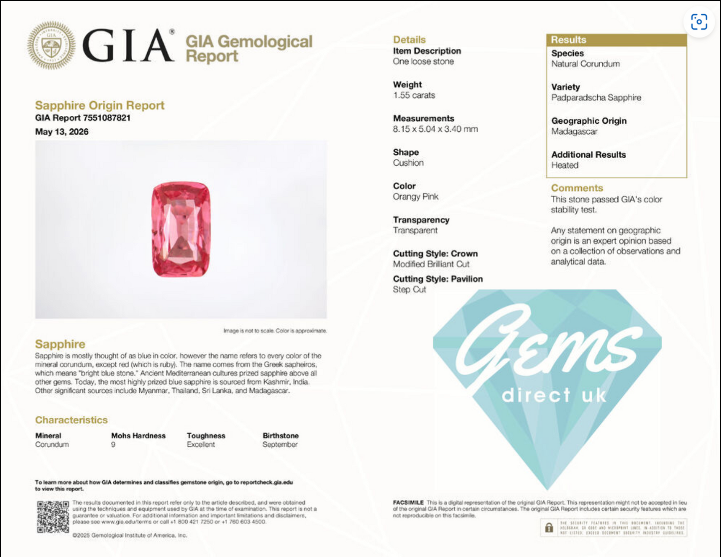 1.55ct Padparadscha Sapphire - 8.15 x 5.04 x 3.40mm - GIA Padparadscha