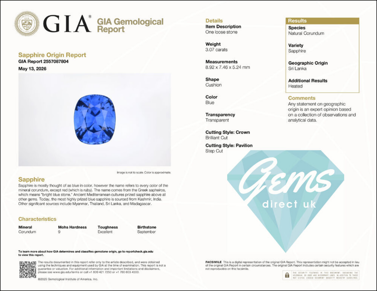 3.07ct Vivid Blue Sapphire - 8.92 x 7.46 x 5.24mm - GIA